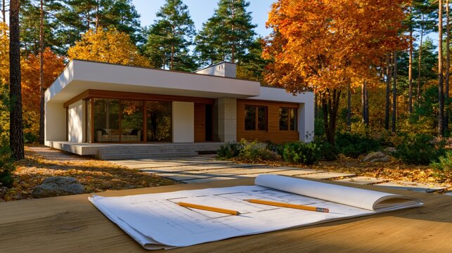 Close-up of technical drawing plans on a wooden table with a contemporary villa and autumnal trees in the blurred background.