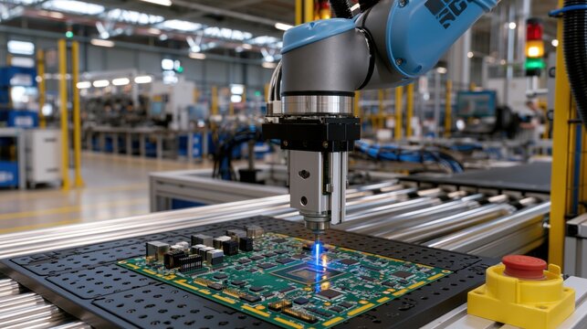Close-up of an automated industrial cybernetic manipulator soldering microchips onto a motherboard in a tech plant.