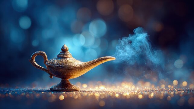 Golden Genie Lamp with Smoke and Glittering Bokeh