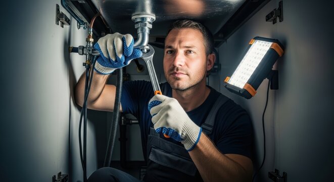 Technician wearing blue gloves fixes metal pipe inside a bright white kitchen cabinet Surreal Silliness Concept Design