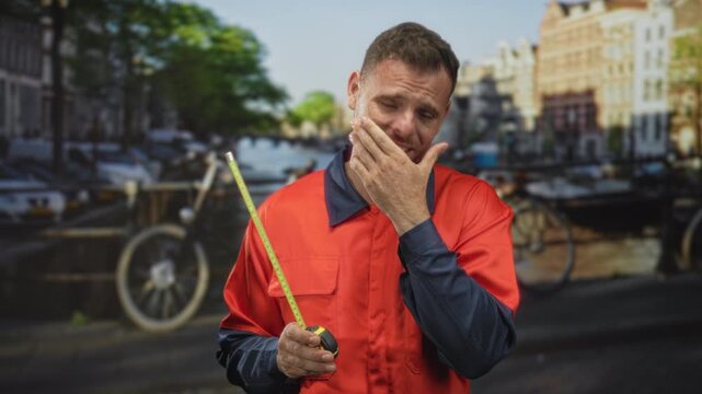 Man handyman in orange uniform holds tape measure and covers his eyes with one hand on a street beside a canal with parked bicycles; frustration fatigue.
