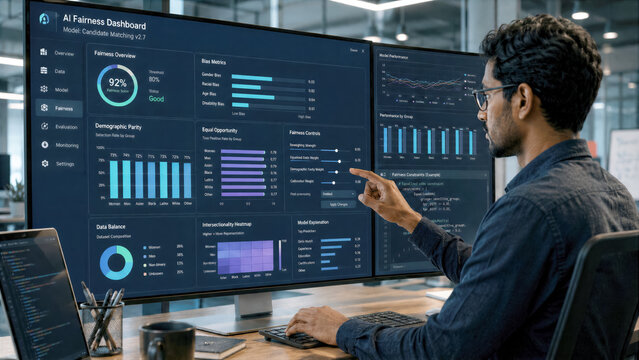 AI developer adjusting parameters on a screen to ensure racial and gender neutrality in modern algorithms data