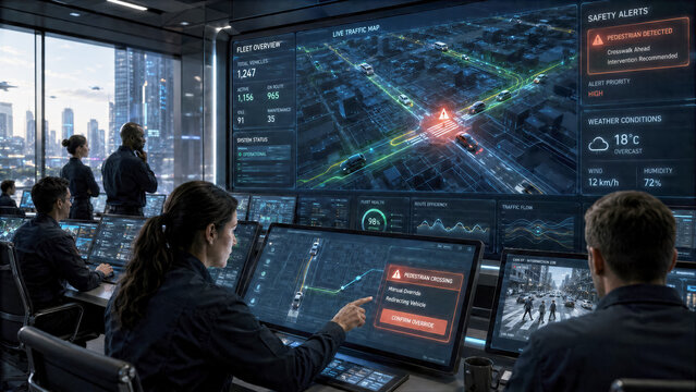 High tech urban command center where humans monitor autonomous vehicles and override paths for city safety