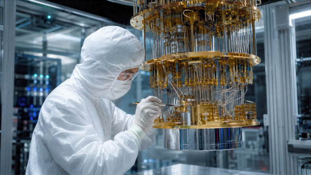 Scientist in a cleanroom suit working on a superconducting quantum processor with high precision tools in a lab