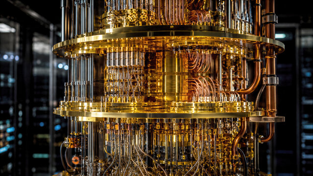 Golden dilution refrigerator of a quantum computer in a high tech research laboratory with cryogenic cooling system