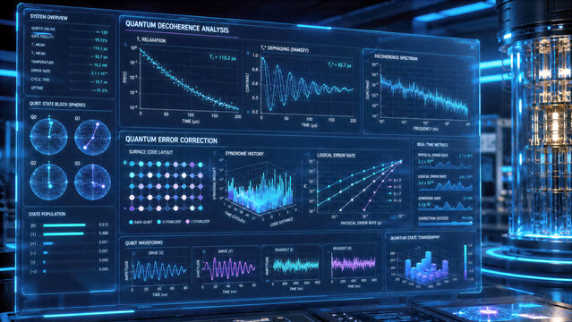 Digital dashboard showing quantum decoherence graphs and error correction data on a transparent holographic screen
