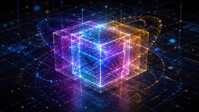 Abstract representation of quantum superposition with a digital cube existing in multiple translucent states