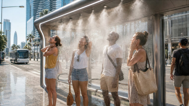 People cooling off under a modern water misting system at a futuristic public bus stop during a summer heatwave city
