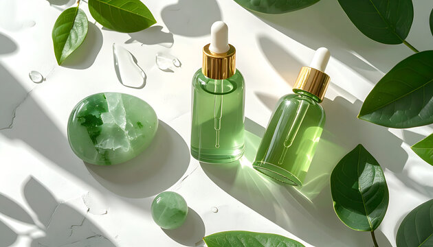 Natural Green Skincare Serums and Jade Stones with Leaves.