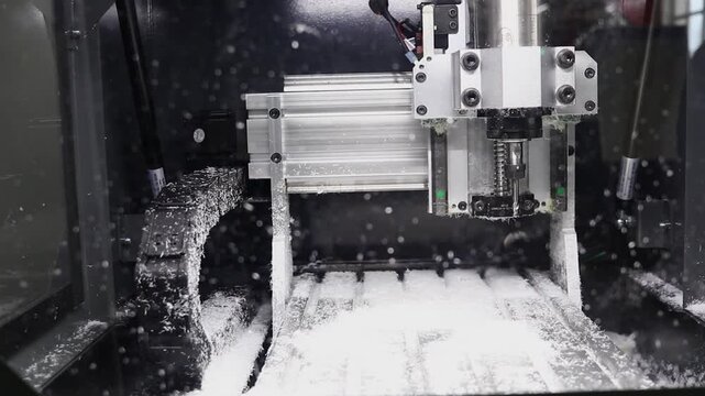 Modern automatic machine tool processes material in production workshop, close-up of industrial equipment.