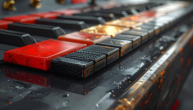 Close up of a colorful piano keyboard with red and gold keys.