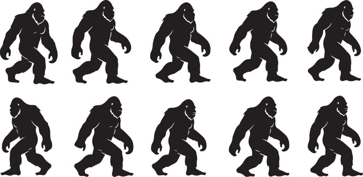 Bigfoot walking in various poses in silhouette style