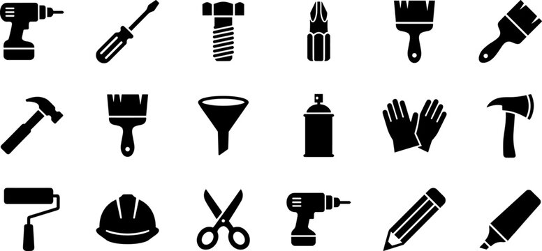 Construction tools and hardware icon collection featuring drill hammer paintbrush helmet scissors spray can and handyman equipment silhouettes vector set