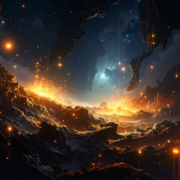 Fiery alien planet space landscape