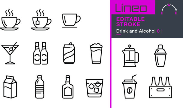 Drink and Alcohol Line Icon Collection Featuring Coffee, Cocktails, Beer and Beverage Symbols with Editable Stroke Vector Design