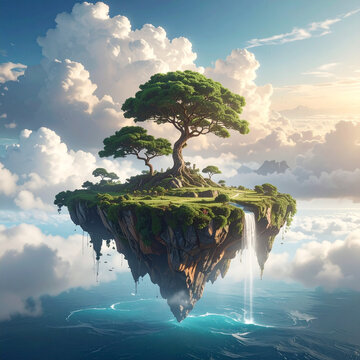 Majestic floating island above ocean