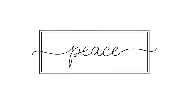 Minimalist Rectangle Frame with Elegant Script Word 'Peace' in Black and White
