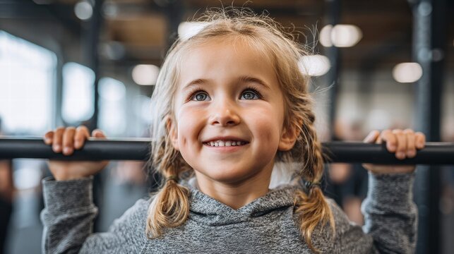Smiling girl holding onto a bar in a gym, looking up with joy.