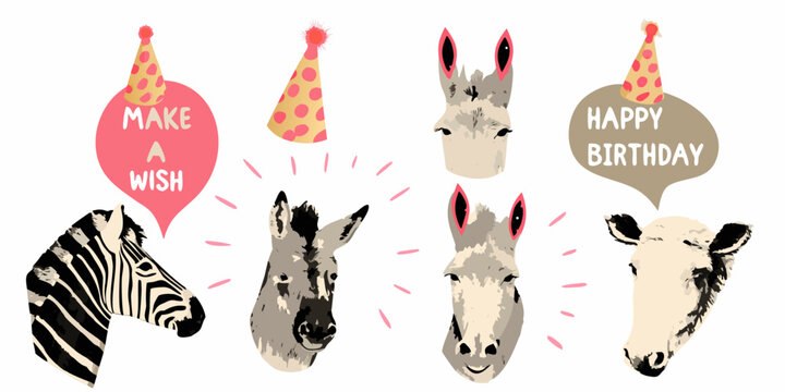 vector illustration of zebras and donkeys with birthday party hats