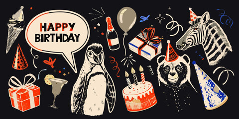 vector birthday party collage featuring penguin panda and zebra © Sabita