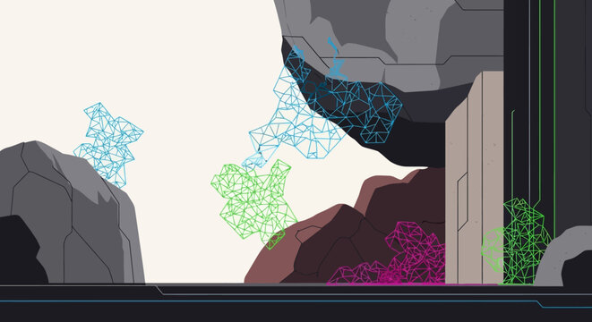 Abstract Geometric Shapes in Futuristic Rocky Landscape