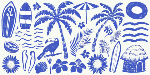 Obraz premium blue illustrations featuring palm trees beach elements and tropical flowers