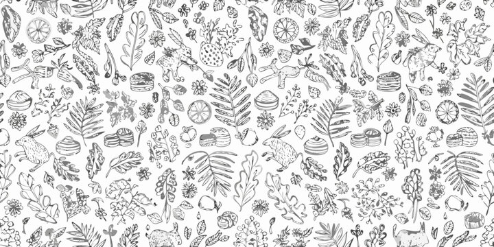 hand drawn botanical and food pattern on white background