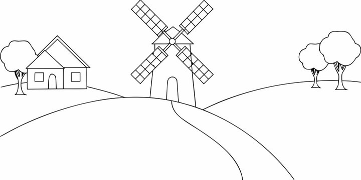 windmill and house line drawing on rolling hills black and white