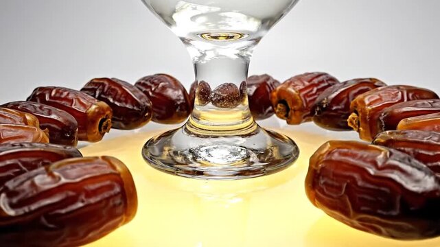 A glass of fresh clear water centered on a transparent acrylic platform surrounded by a circular arrangement of dried date fruits, illuminated from below with warm yellow light.