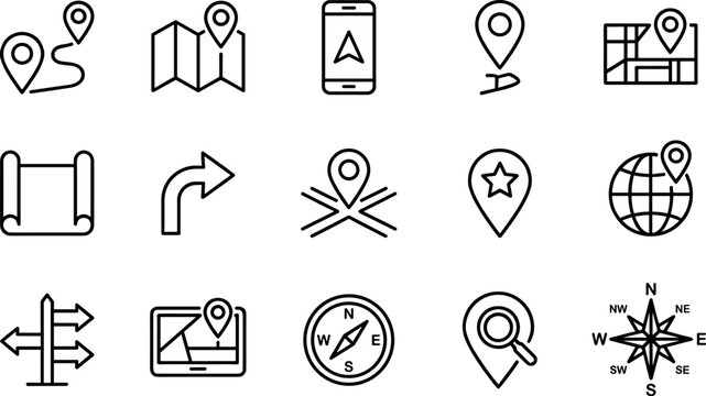 Navigation and location icon collection featuring maps compass route markers and GPS symbols isolated vector illustration set