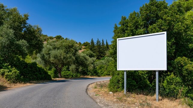 Blank white road sign mockup standing next to a rural asphalt highway under a clear blue sky and lush green trees