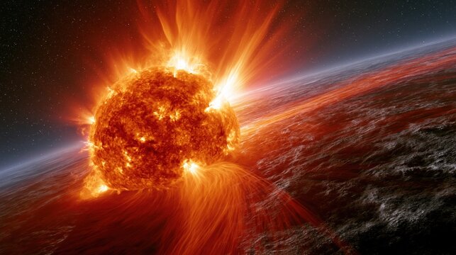 Massive coronal mass ejection with bright loops of fire and cosmic dust particles blasting from a burning star