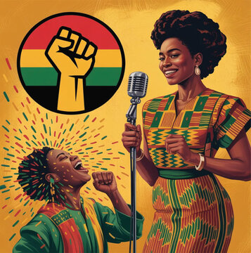 ACO Base Title:
3D Emoji Juneteenth Icon Set &ndash; Raised Fist Badge, African Print Fashion Model, Jazz Singer & Confetti Celebration Scene
