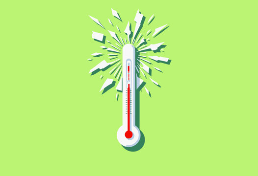 Exploding Thermometer with Shattered Glass on Vibrant Green Background