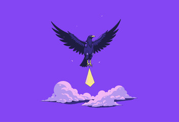 Fototapeta premium Vibrant Raven Soaring Above Clouds with Geometric Jewel on Purple Background