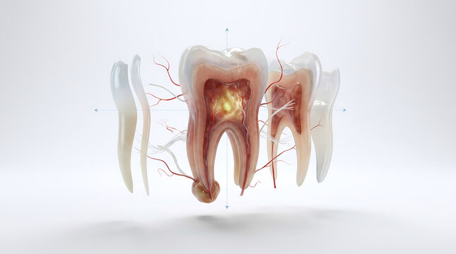 Cross-Sectional View Of A Decayed Tooth With Visible Nerves And Blood Vessels