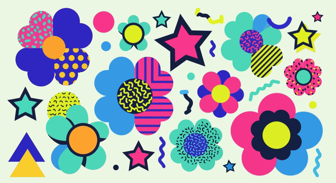 Retro Flowers and Stars Pattern: Colorful 80s Abstract Design