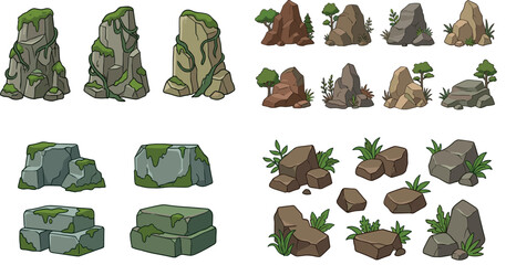 Cartoon Rock and Stone Collection with Mossy Boulders, Mountain Cliffs, and Nature Landscape Elements for Game Vector Illustration © Md