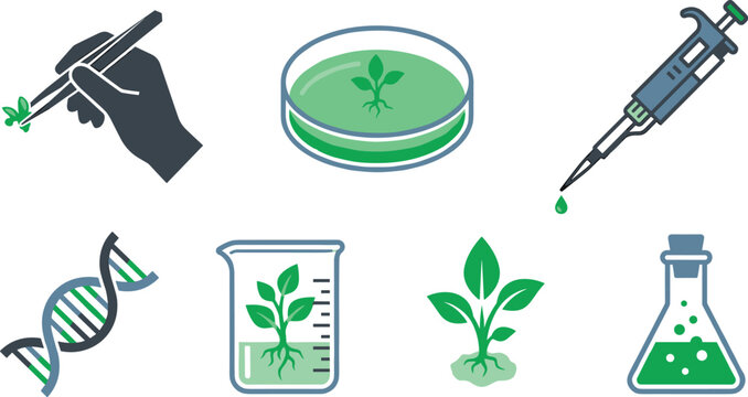 Plant Biotechnology and Agricultural Science Vector Icon Set Featuring Petri Dish Sprout, Pipette, DNA Strand, Beaker, and Lab Flask Laboratory Elements