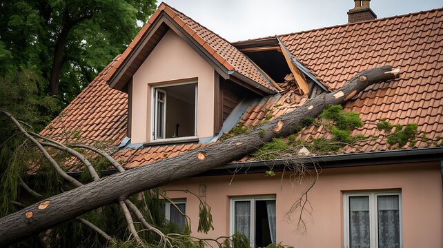 Fallen tree damaging residential house roof after storm and natural disaster