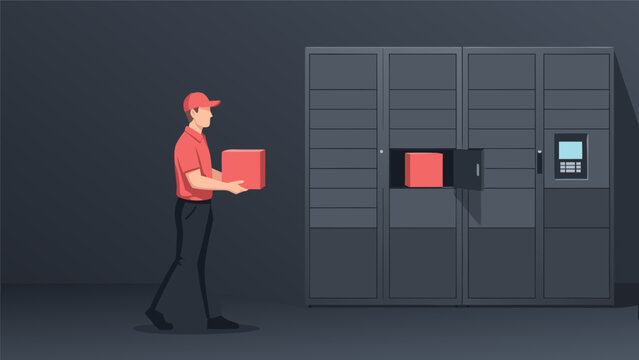 Delivery service worker placing parcel into automated secure locker system for package pickup and drop off