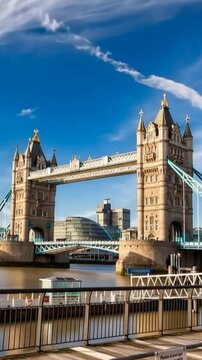 Tower Bridge in London, UK, United Kingdom. Time lapse in vertical video