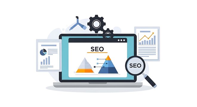 A laptop displays SEO graphs and charts with a magnifying glass on the screen surrounded by papers.