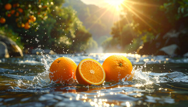 Fresh oranges splashing in stream