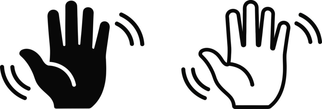 Minimalist graphic icons of a hand waving hello in both outline and solid black styles