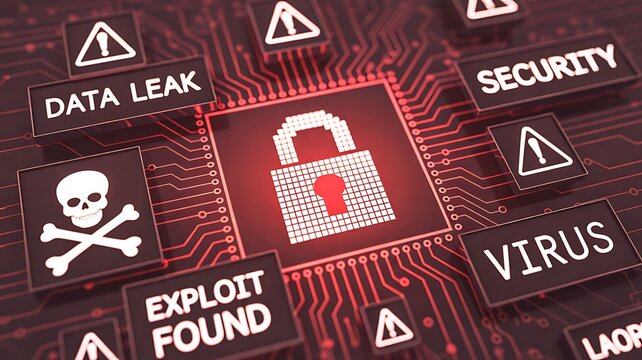 Cybersecurity threat warning concept with data leak virus and digital security risks