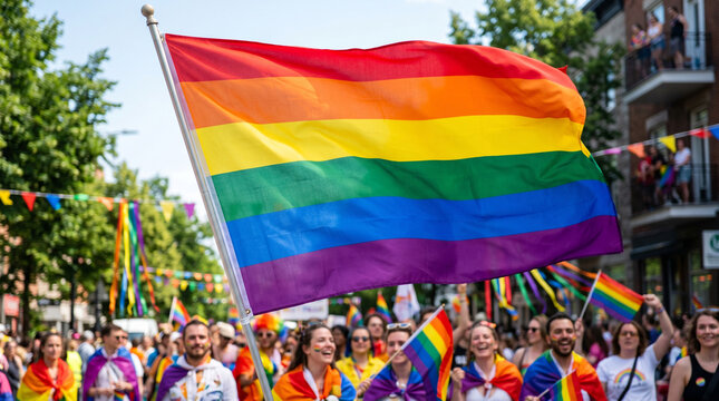 A large rainbow flag waves above a diverse and happy crowd celebrating at an outdoor LGBTQ pride parade during a sunny day in the city.