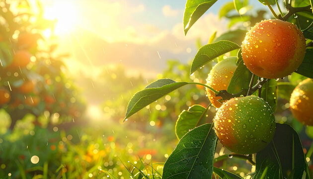 Ripe Oranges In Sunlit Orchard