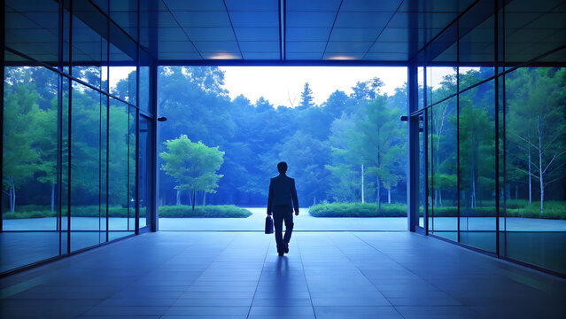 Blue mental health awareness work life balance Person walking from office into nature, transition balance concept