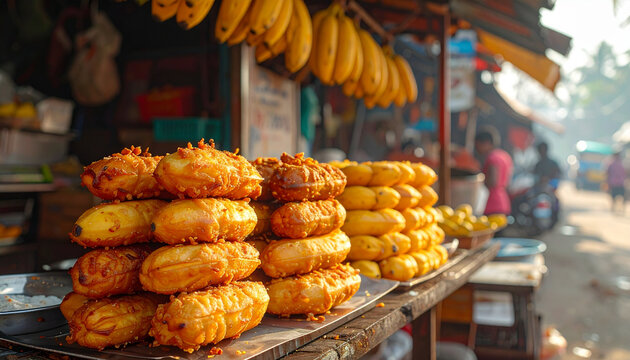 Golden fried banana street market